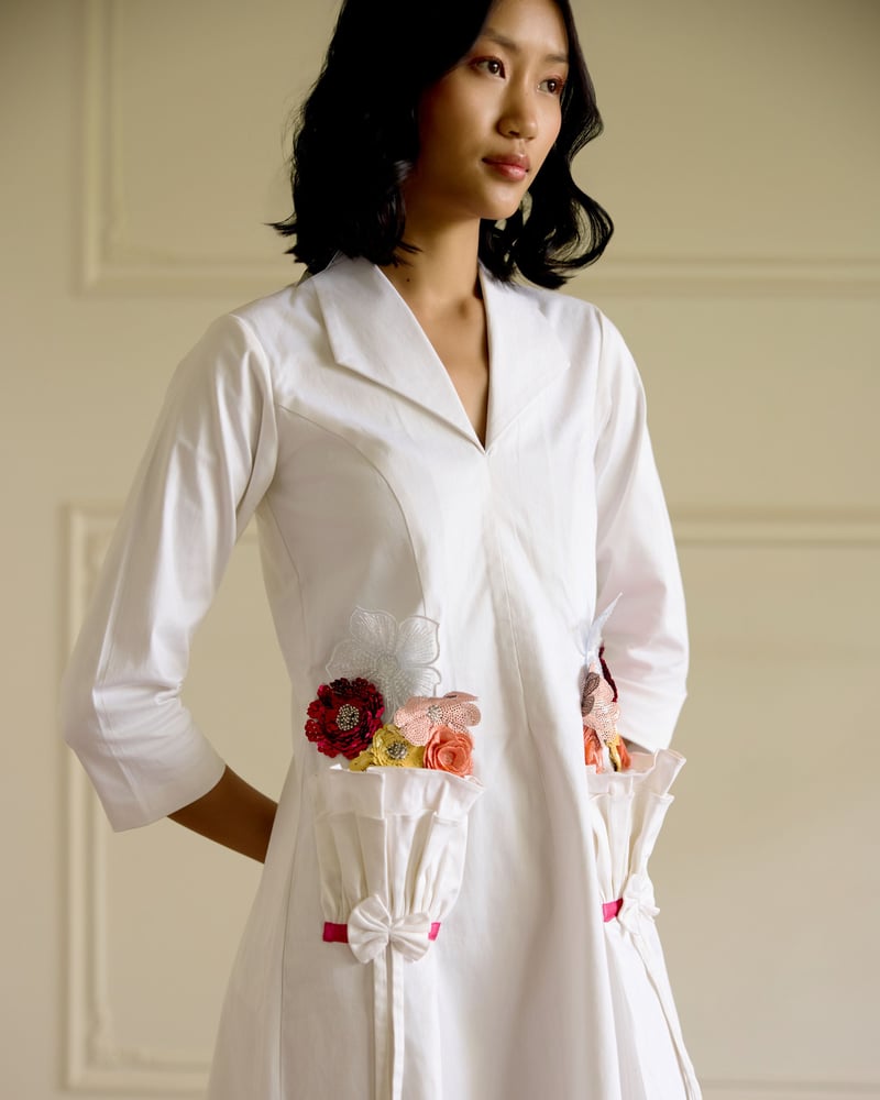 White Collared Midi Dress with Floral Pocket Detail