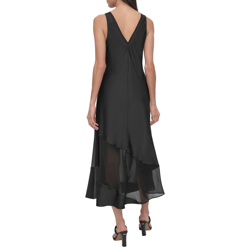 Black Satin Slip Midi Dress with Sheer Hem Panels
