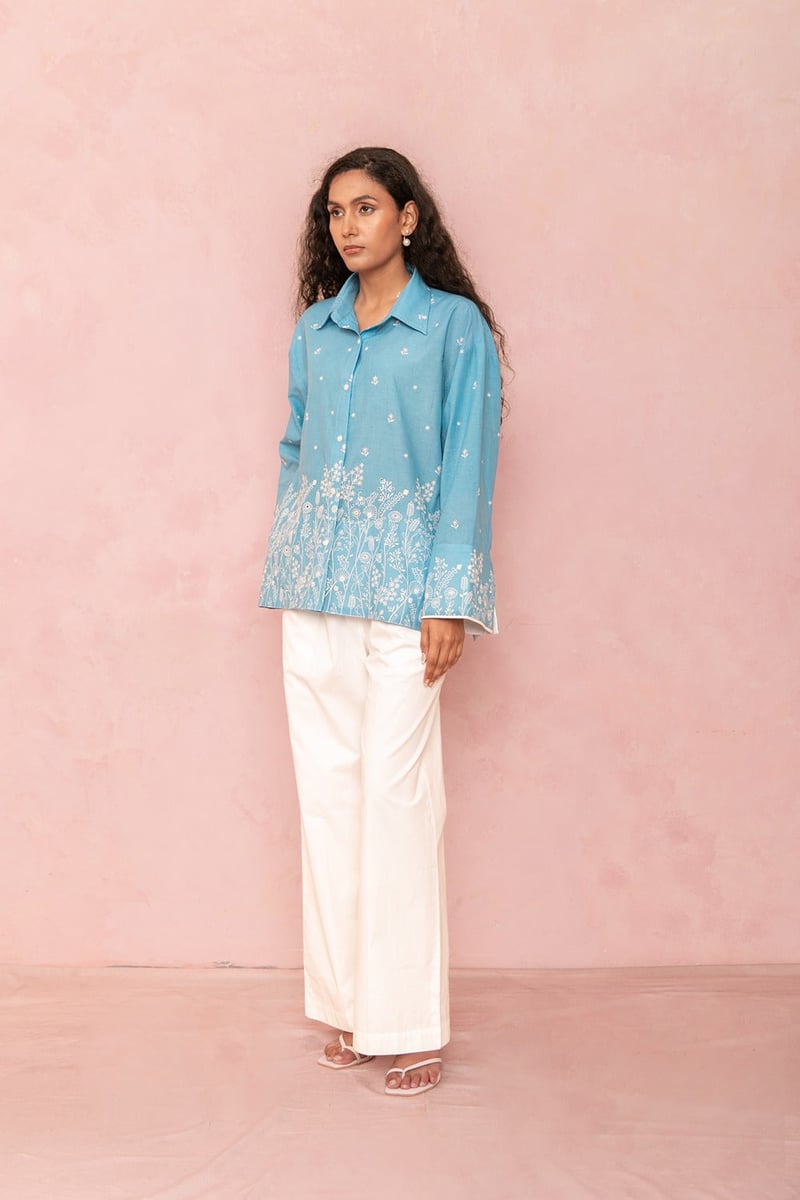 Blue Cotton Floral Print Button-Down Shirt