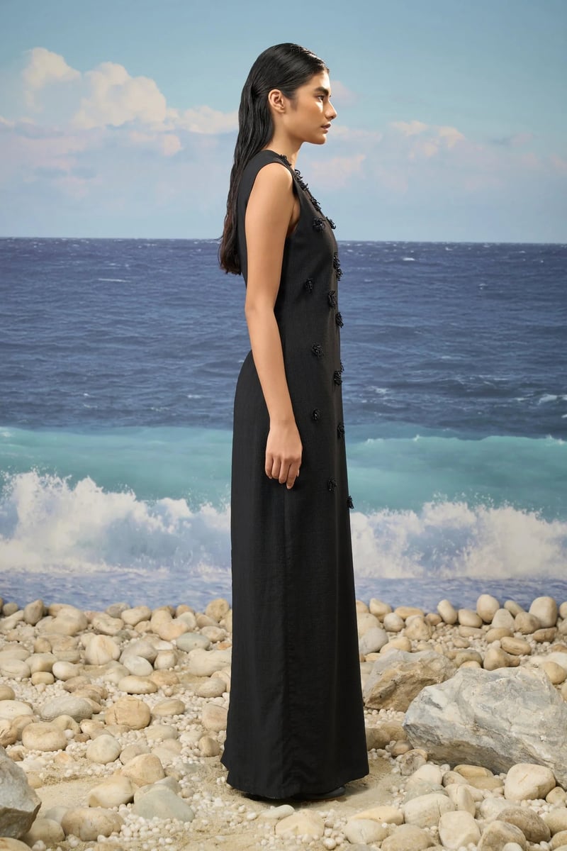 Black Textured Embellished Maxi Dress