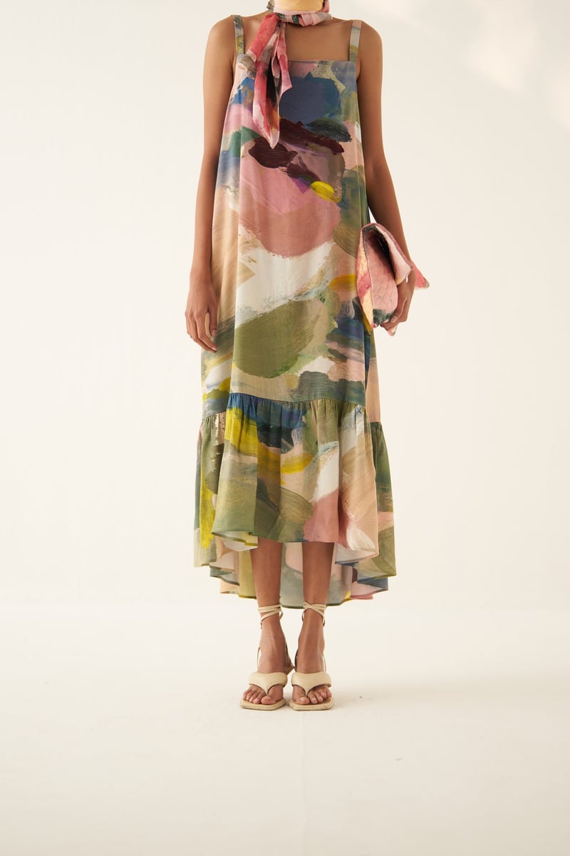 Abstract Print Tiered Midi Dress with Square Neck