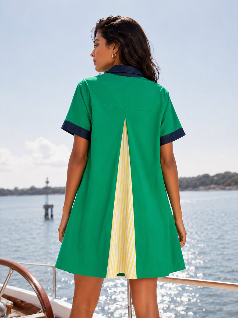 Green Collared A-Line Mini Dress with Cactus Appliqué