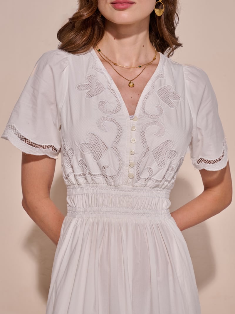White Cotton Tiered Midi Dress with Cutwork