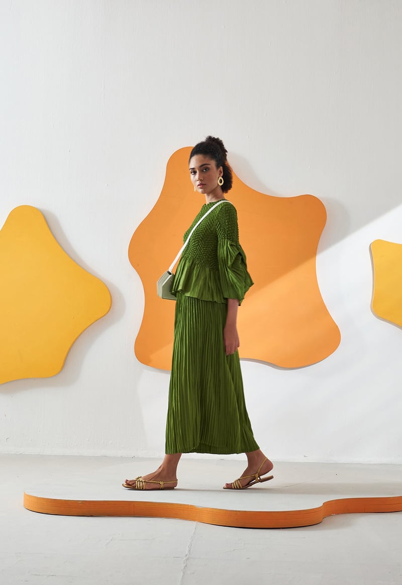 Lime Green Smocked Top and Pleated Skirt Co-ord Set