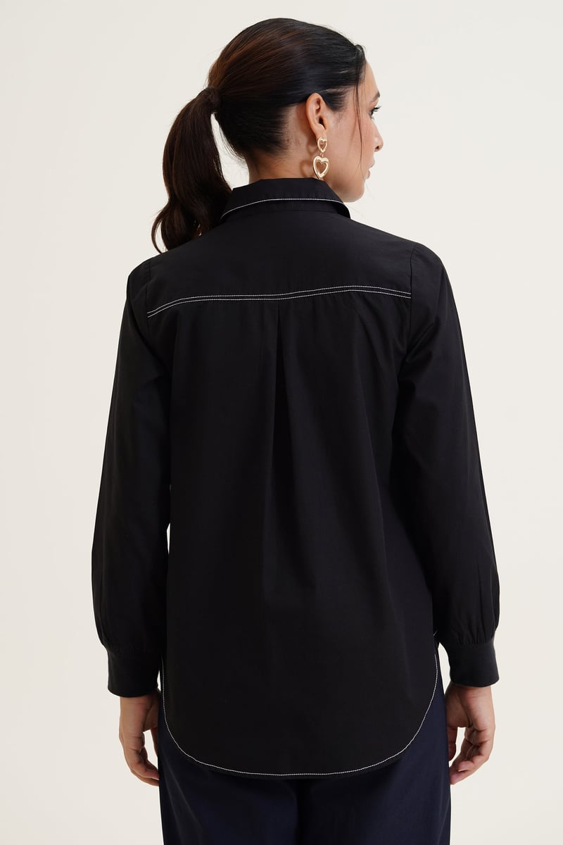 Black Fringe Detail Embellished Button-Down Shirt