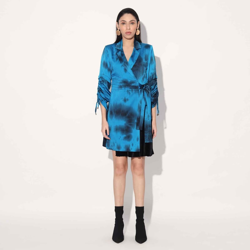 Blue Tie-Dye Satin Wrap Jacket Mini Dress