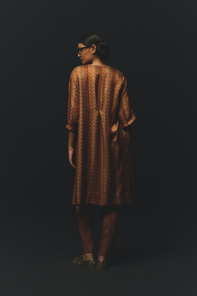 Tan Co-ord Set with Printed Overlay and Tapered Pants