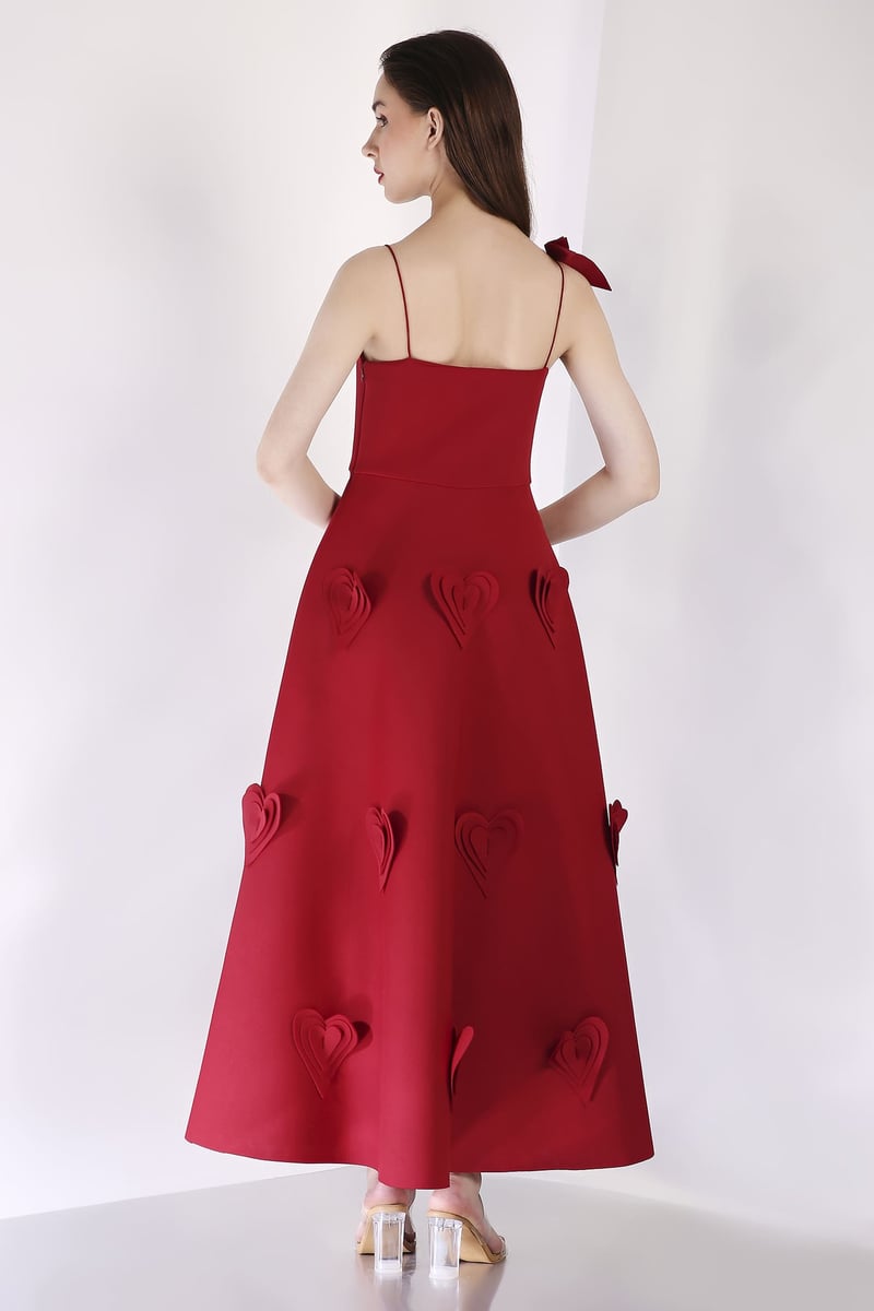 Red Fit and Flare Midi Dress with 3D Heart Applique