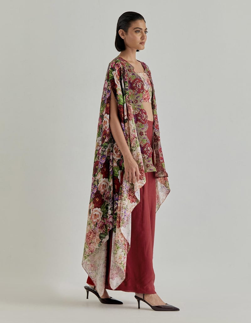 Red Pink Rosette Nomad Bustier & Cape & Trouser
