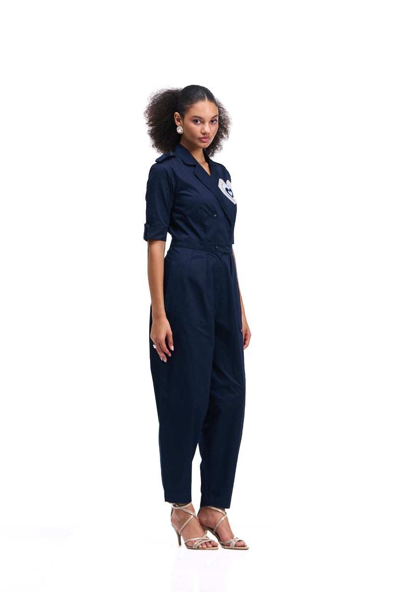 Navy Cotton Satin Tailored Jumpsuit with Heart Applique