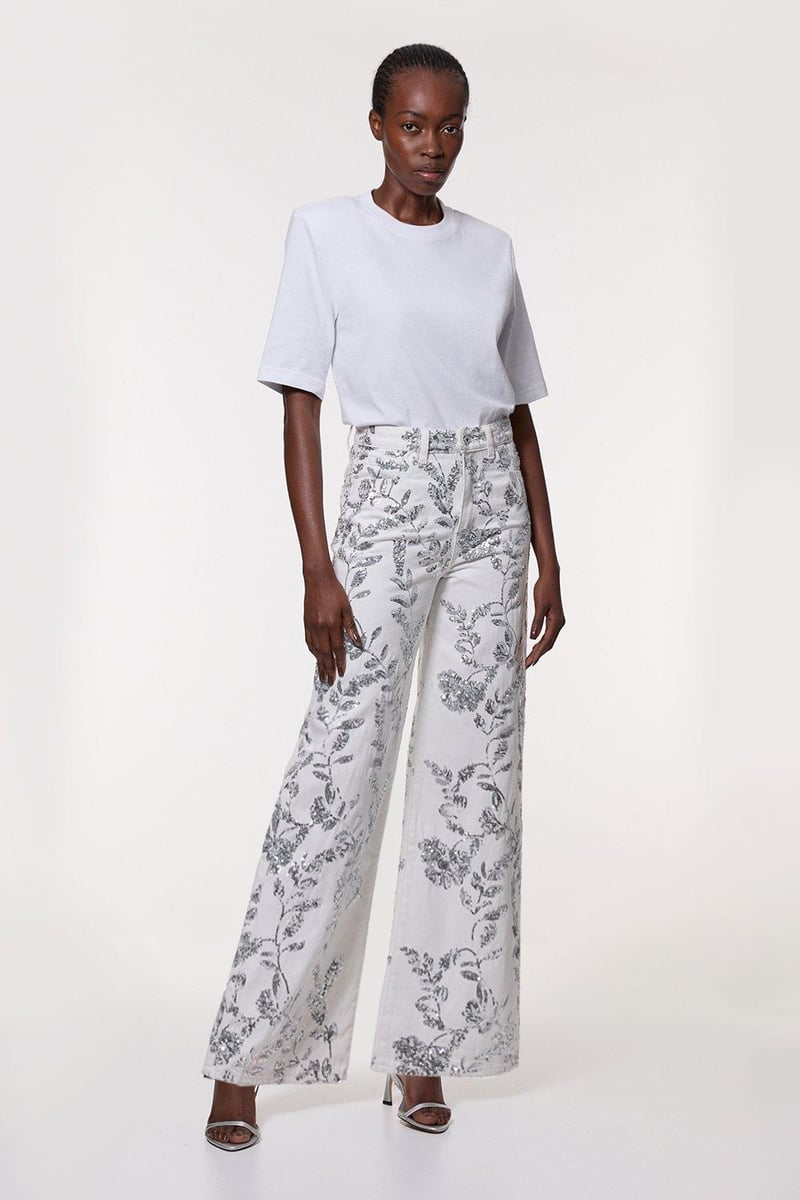 Denim All Over Floral Sequin Wide Leg Trousers