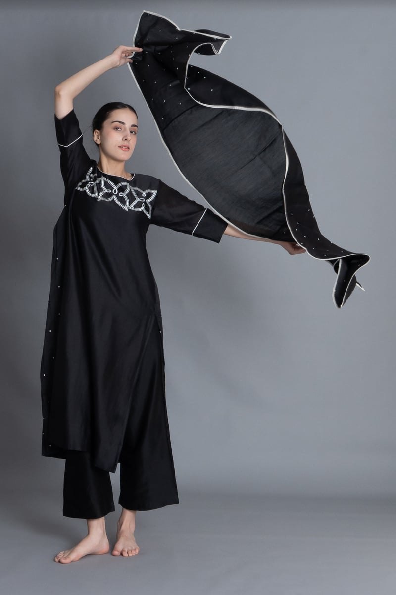 Black Floral Embroidered Dress Co-ord with Scraff — Khat
