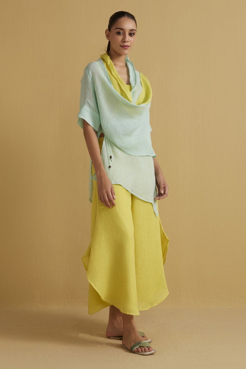 Aqua Gauze Linen Cape with Yellow Contrast Panel