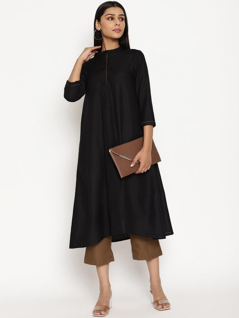 Black Cotton Linen Flared Kurta Pant Set
