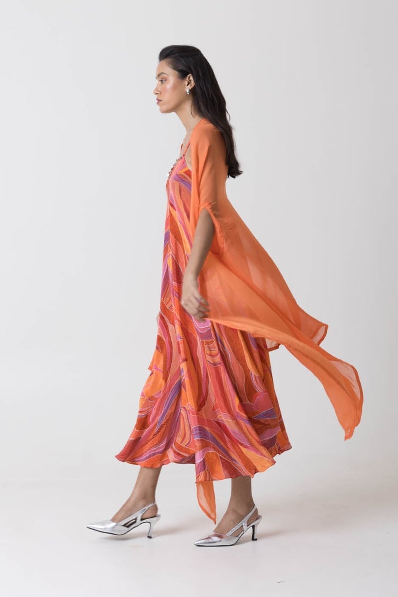 Orange Multicolor Printed Strappy A-Line Midi Dress Set