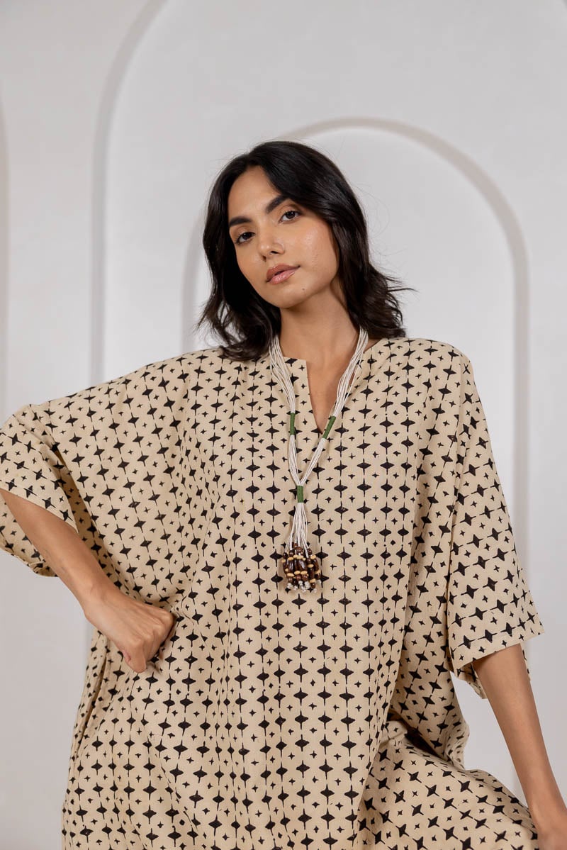 Beige Block Print Kaftan Top and Pants Co-ord Set