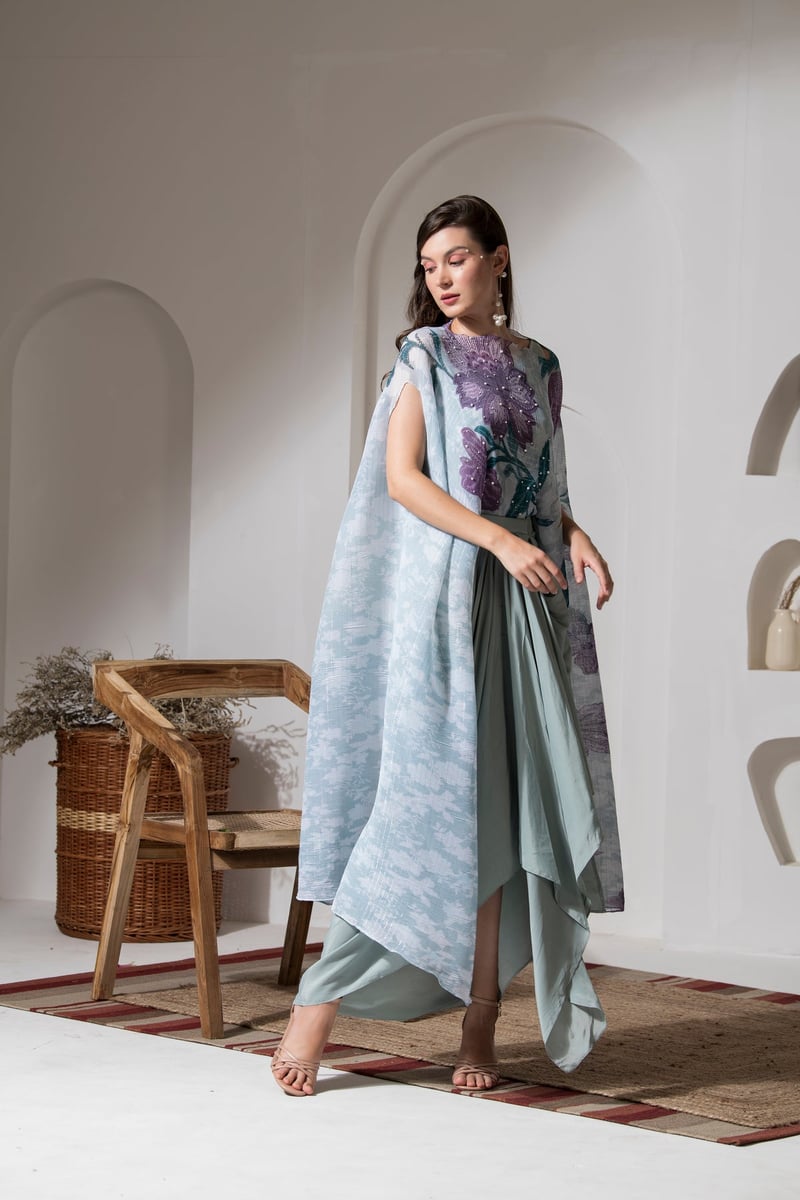 Blue Floral Kaftan and Dhoti Co-ord Set