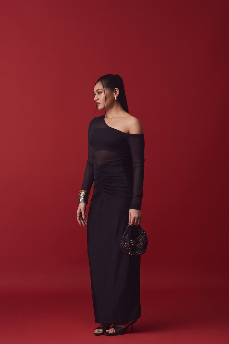 Black One-Shoulder Sheer Sleeve Ruched Maxi Gown