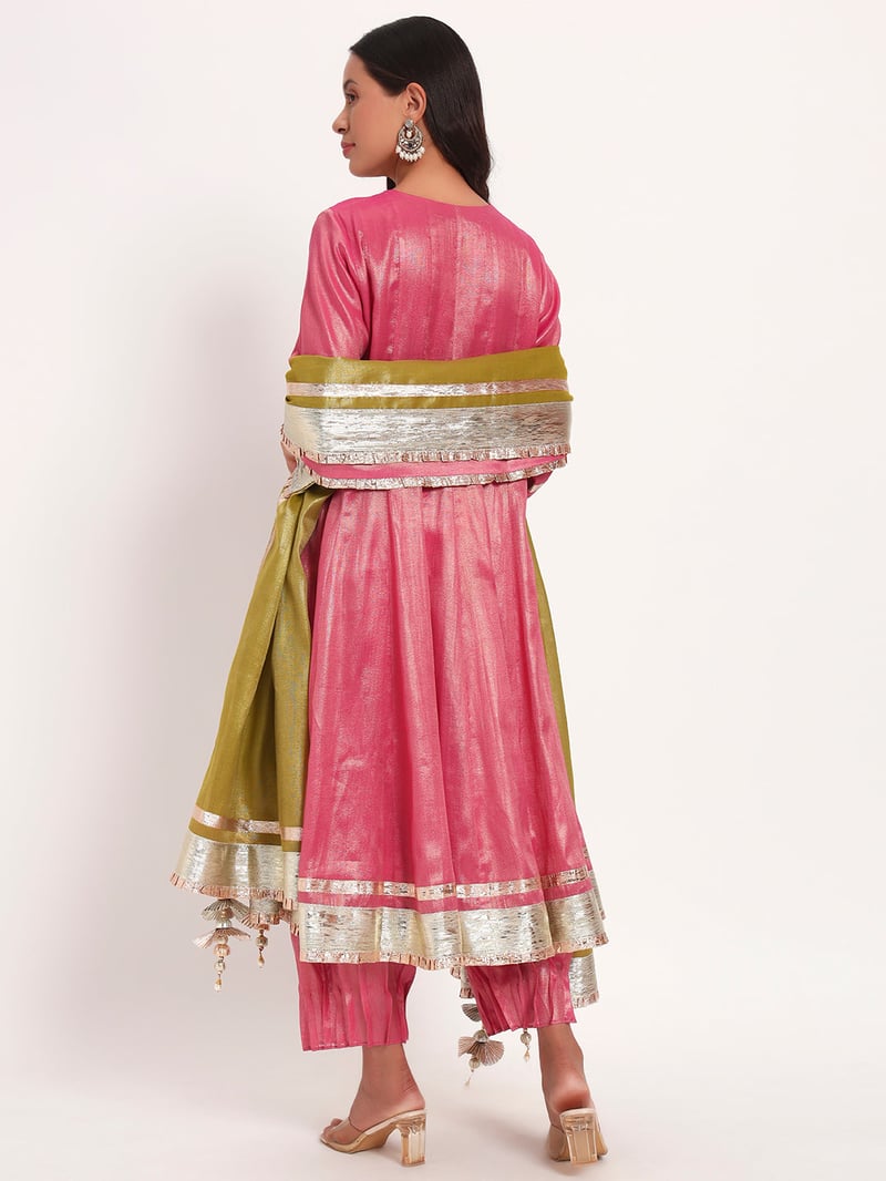 Rose Pink Cotton Tissue Anarkali Kurta Set with Dupatta
