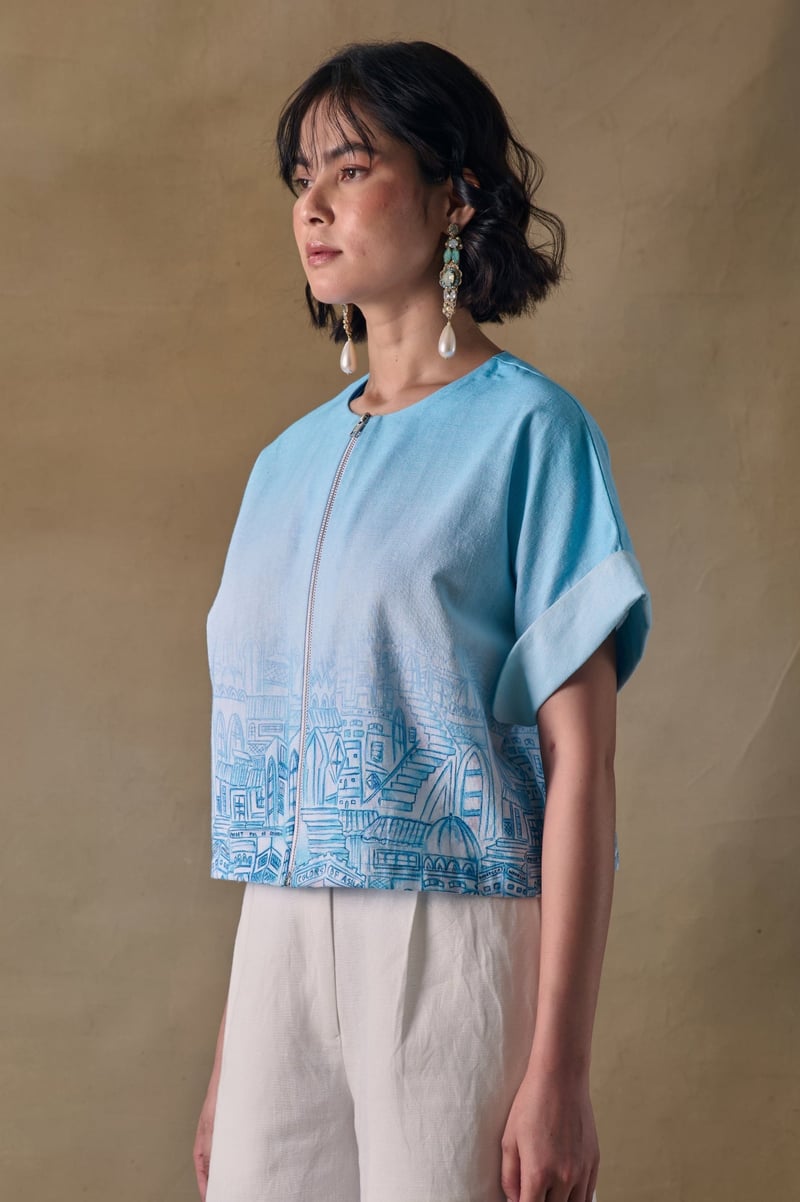 Blue Landscape Printed Zip-Front Cropped Kimono Top