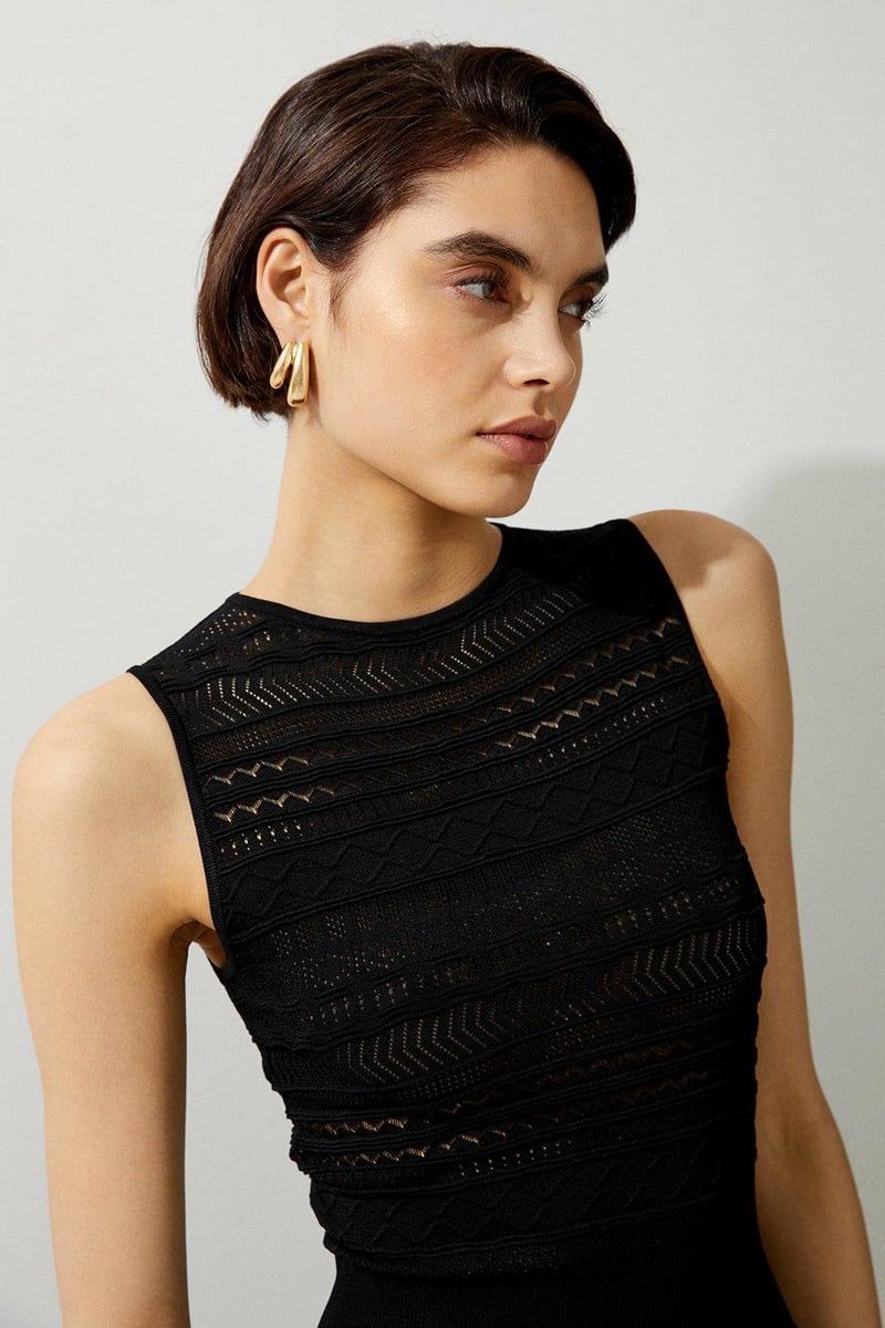 Black Pointelle Knit Racer Neck Bodycon Midi Dress