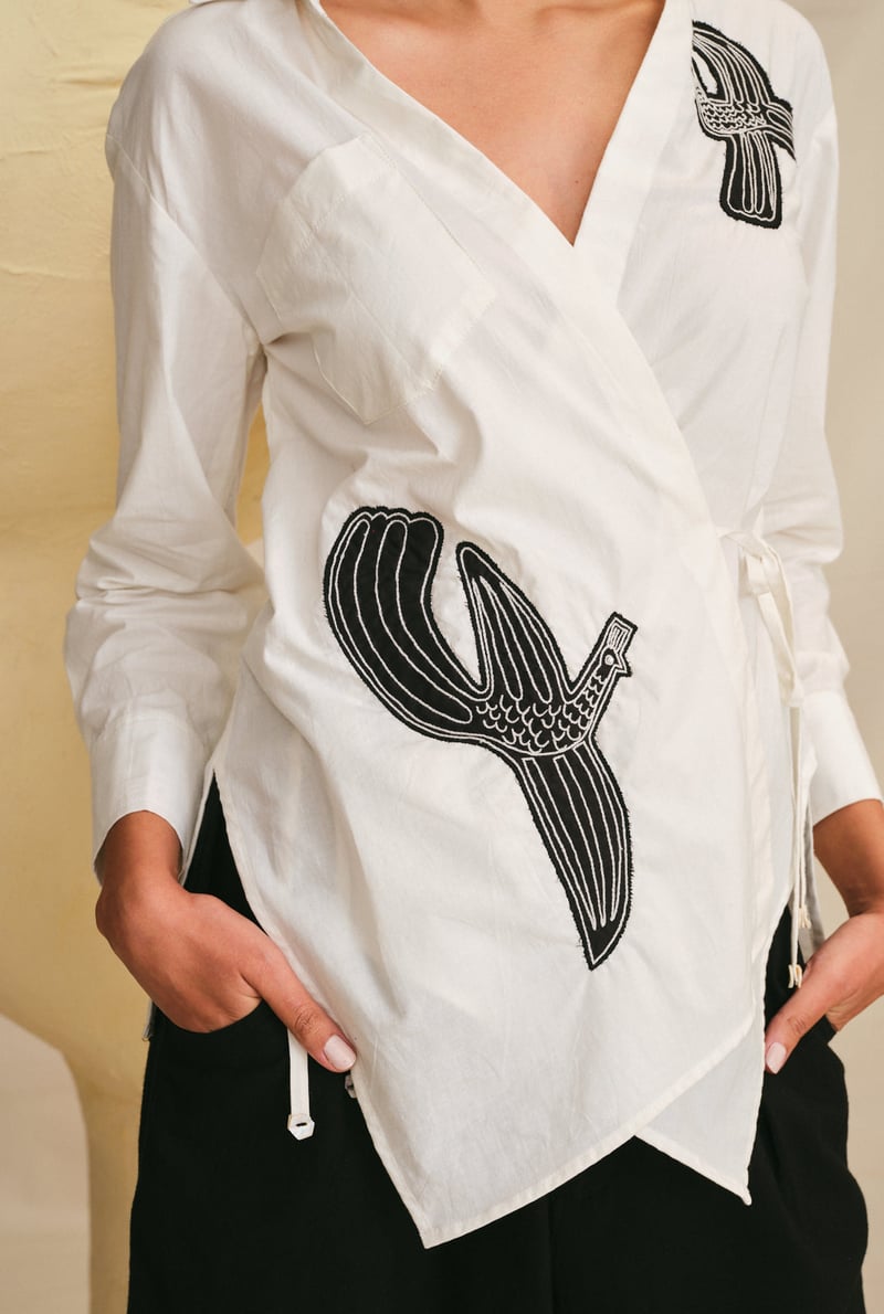 Off-White Cotton Poplin Wrap Shirt with Black Applique