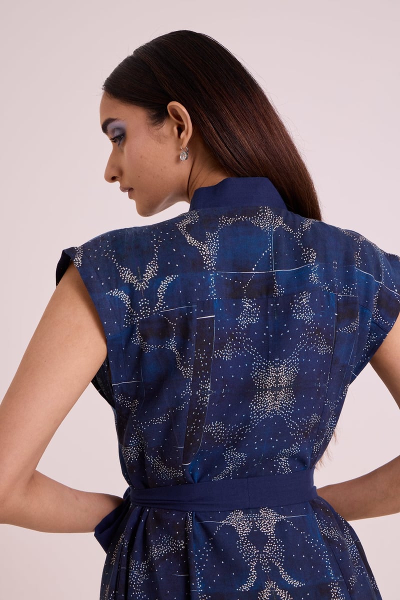 Indigo Printed Linen Wrap Midi Dress with Tie Belt