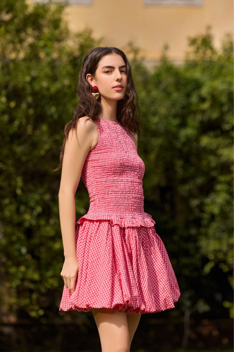 Red Gingham Smocked Bubble Hem Mini Dress