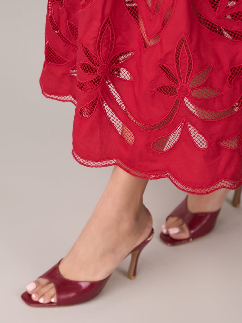 Red Cutwork Tiered Maxi Dress with Smocked Waist