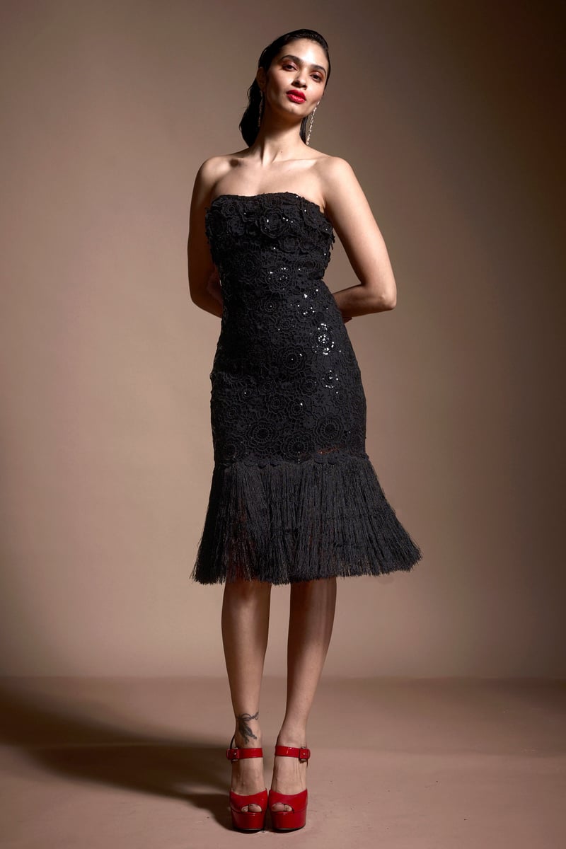 Black Strapless Sequin Lace Fringe Hem Midi Dress