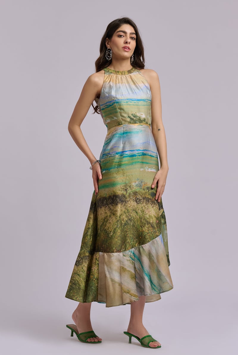 Scenery Print Halter Neck Fit and Flare Midi Dress
