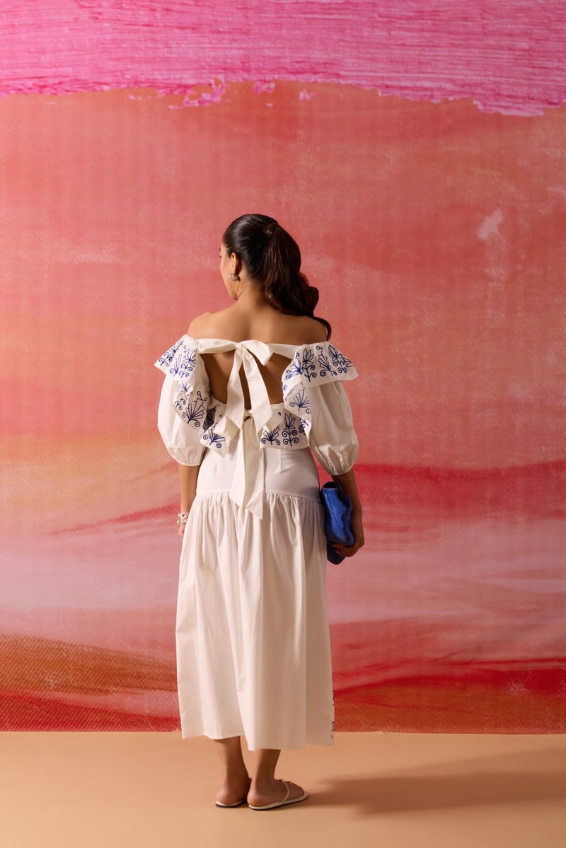 White and Blue Embroidered Off-Shoulder Co-ord Set