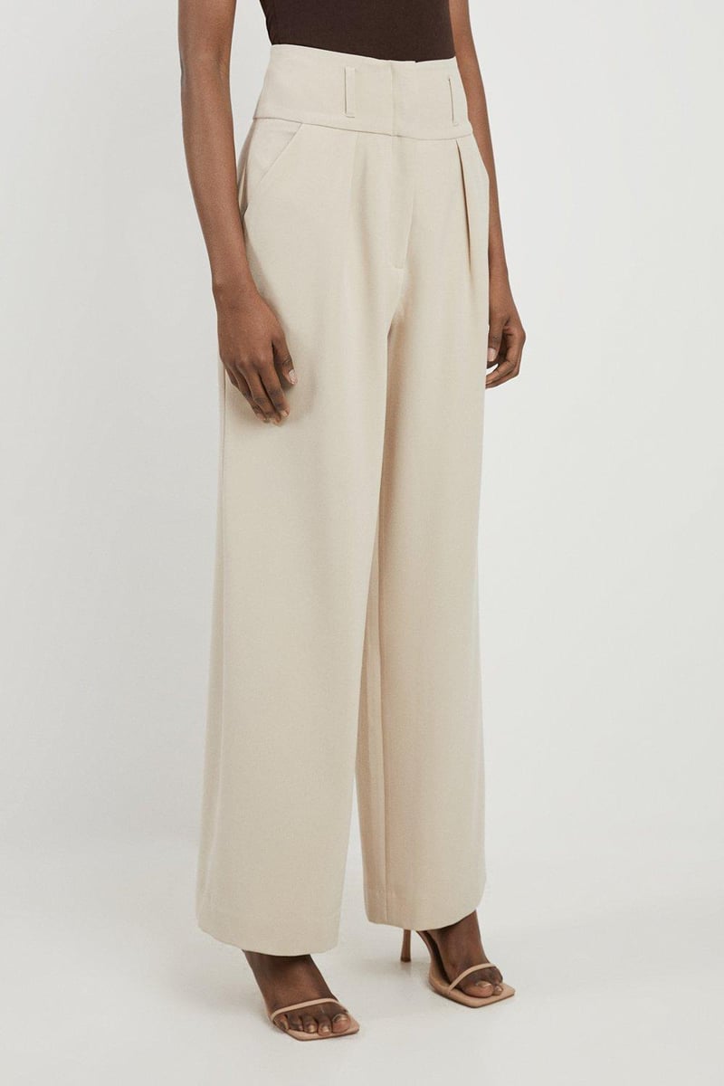 Beige High-Waisted Pleated Wide-Leg Trousers