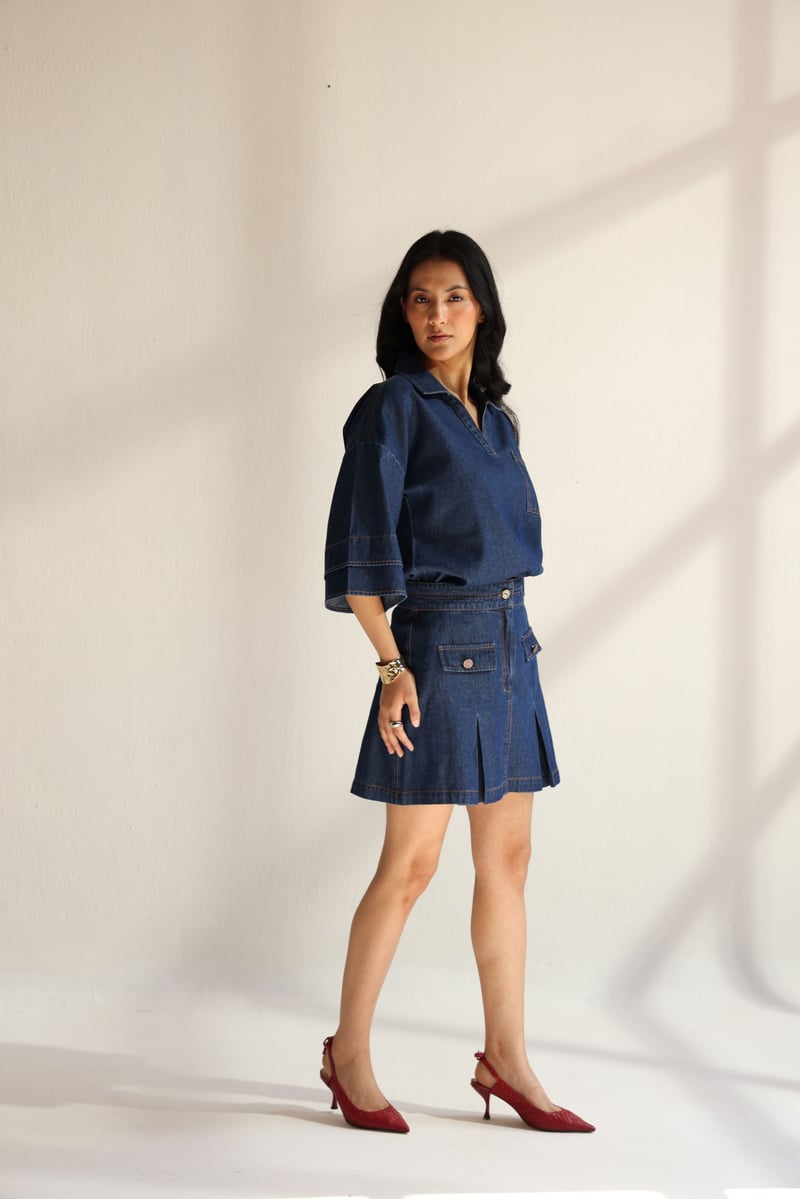 Blue Denim V-Neck Top and Mini Skirt Co-ord Set