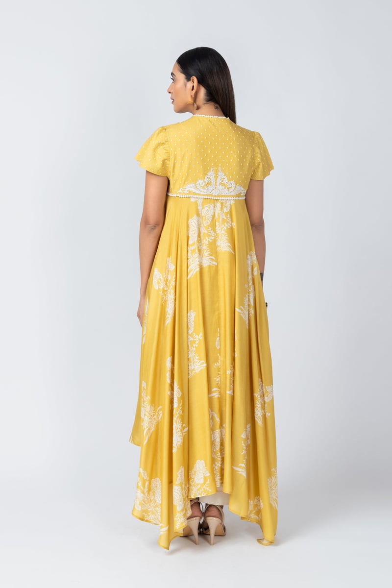 Yellow Floral Printed Asymmetrical Kurta Set with Straight Pants