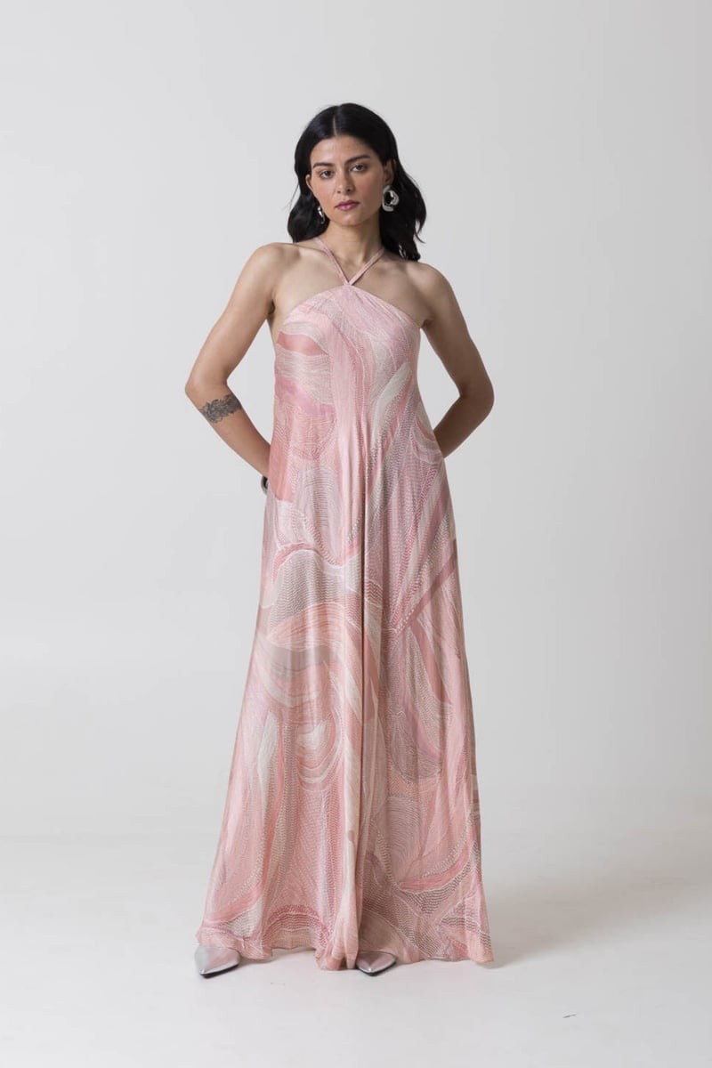 Pink Peach Abstract Printed Halter Maxi Dress