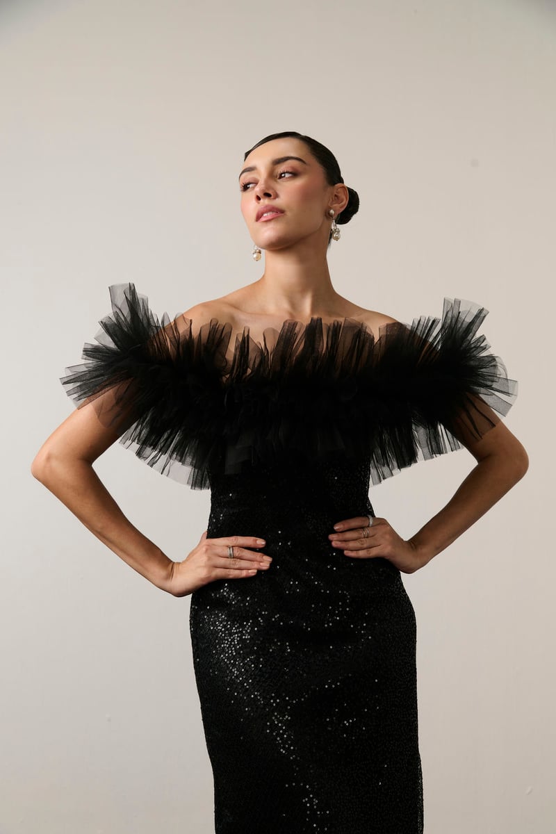 Black Sequin Off-Shoulder Ruffle Maxi Dress