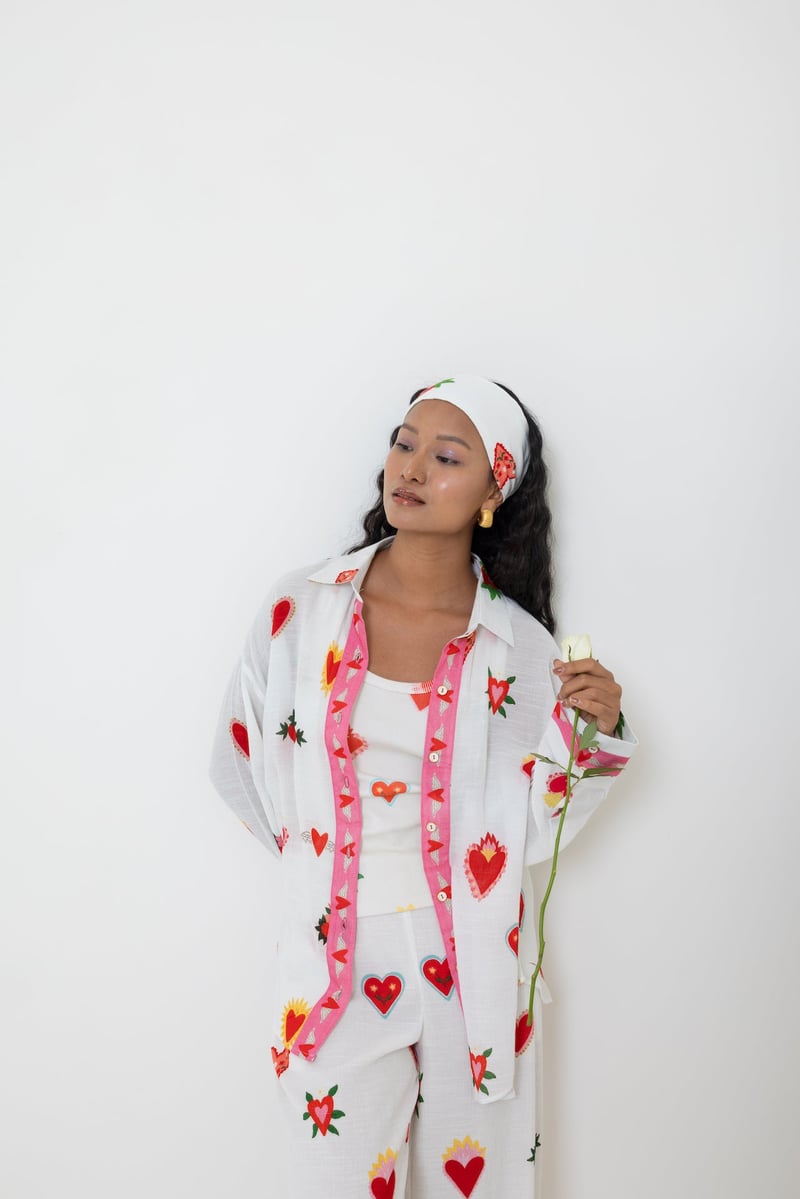 White Heart Print Straight-Leg Trousers with Contrast Hem