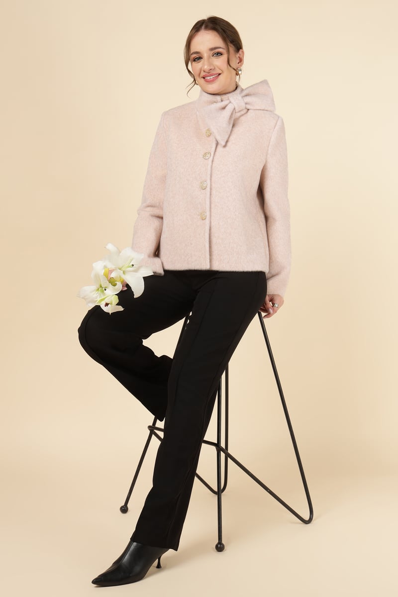 Light Pink High Neck Bow Detail Button-Front Jacket