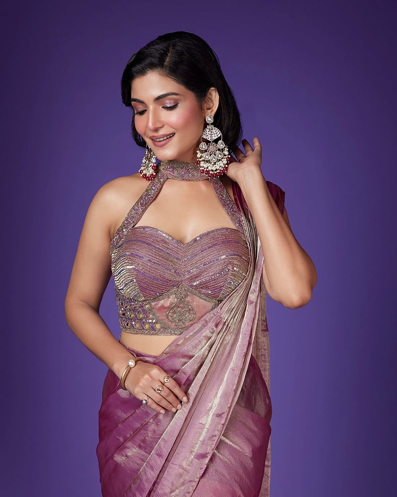Pink Shimmer Tissue Saree with Embellished Halter Blouse