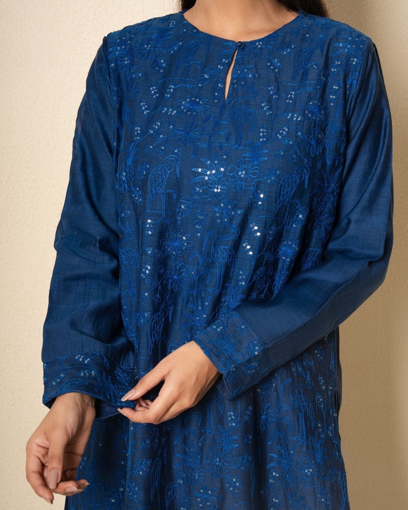 Cobalt Bloom Chanderi Blue Floral Embroidered Suit Set (Set Of 3)