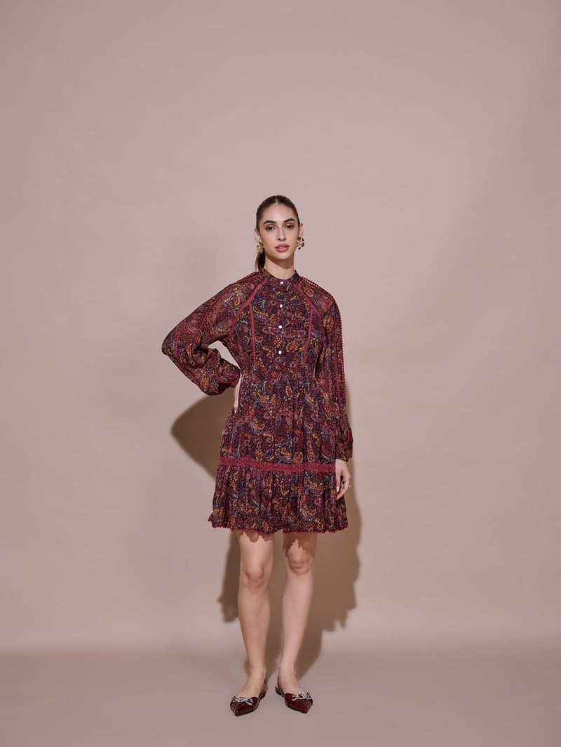 Wine Floral Printed Tiered Knee-Length Dress