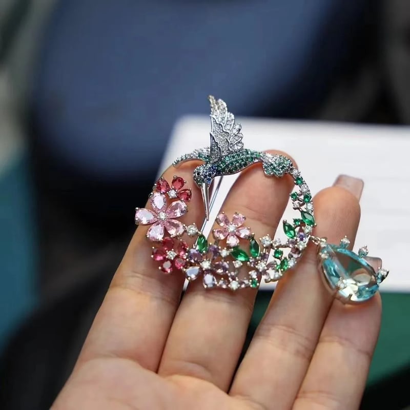 Crystal Hummingbird & Floral Wreath Brooch