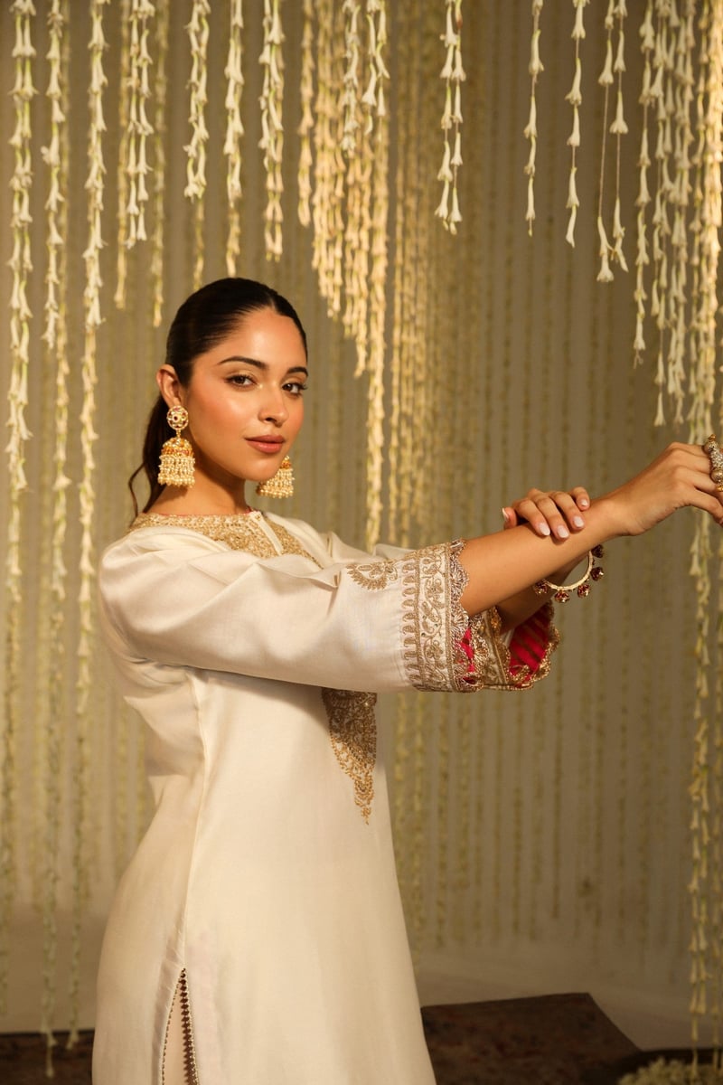 Daisy Ivory Embroidered Straight Kurta Set with Dhoti