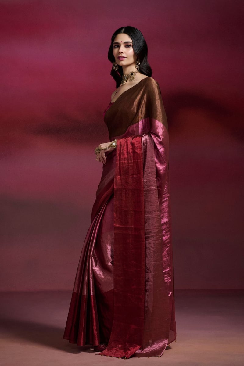 Metallic Tissue Colorblock Saree in Red Pink Brown
