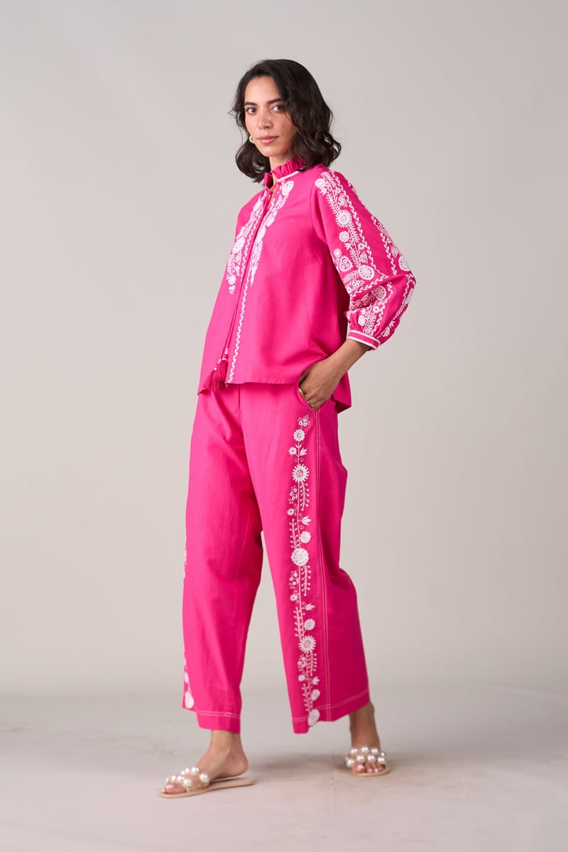 Pink Wide-Leg Embroidered Trousers