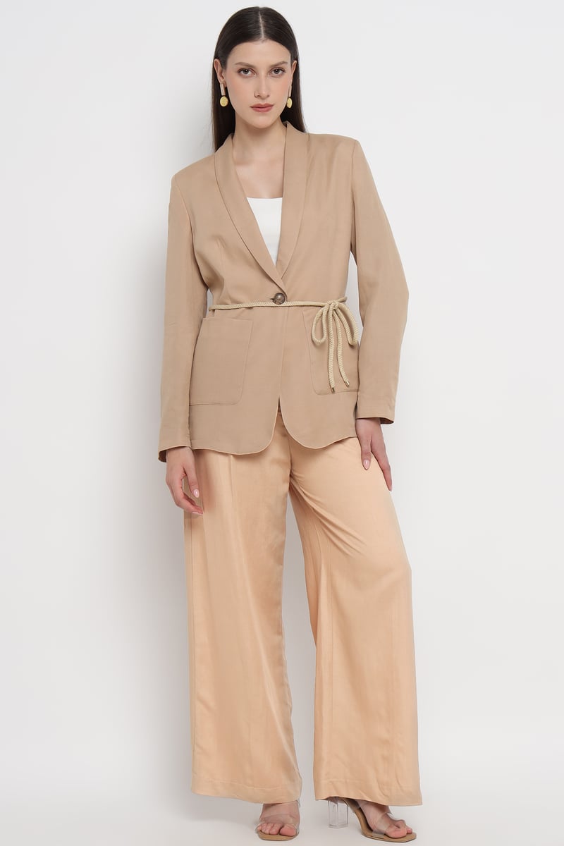 Beige High-Waist Wide-Leg Pleated Trousers