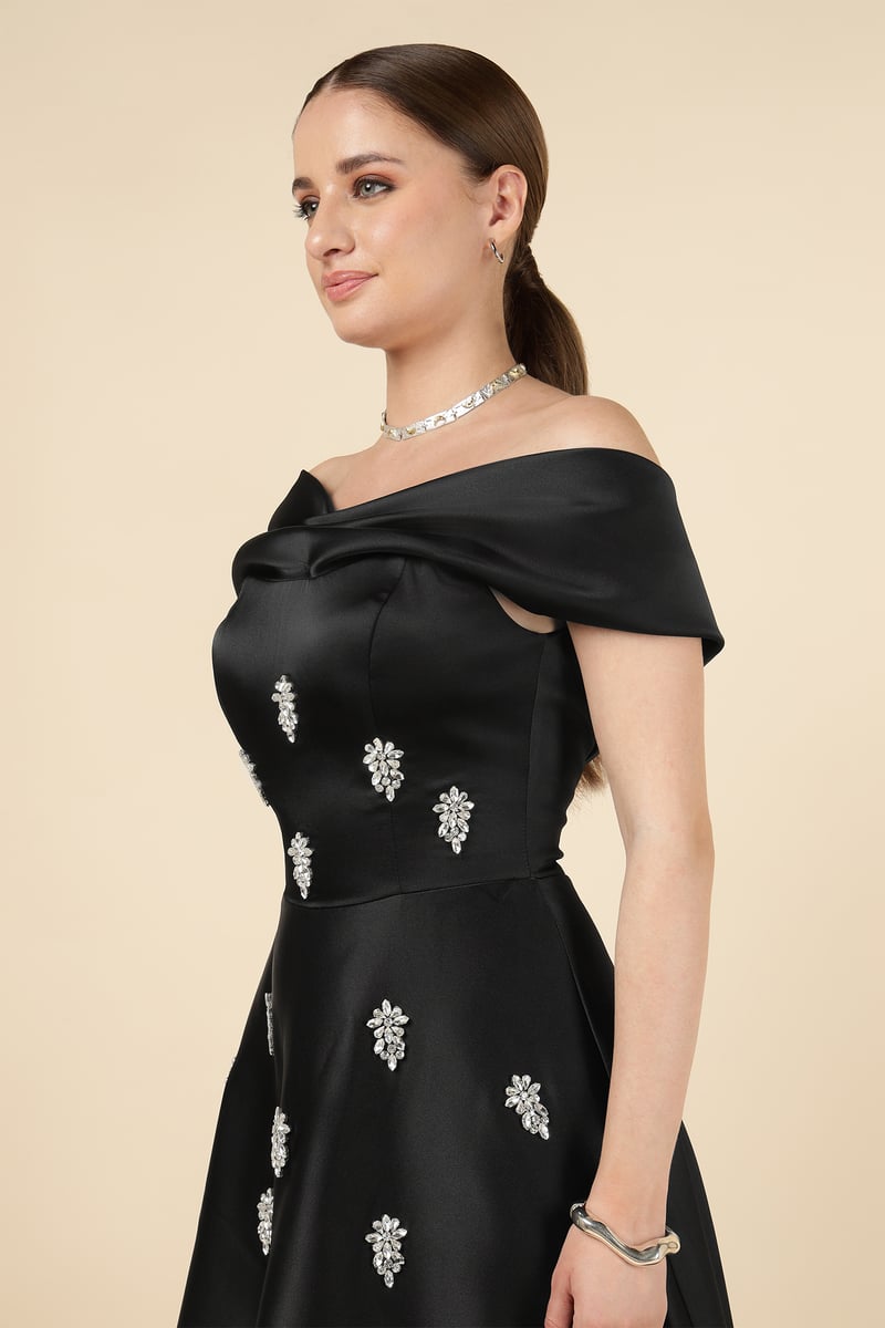 Black Off-Shoulder Embellished Maxi Gown