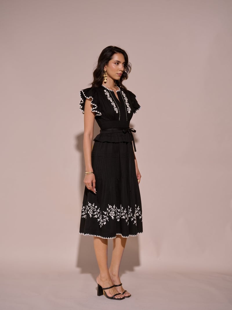 Black Embroidered Fit and Flare Midi Dress