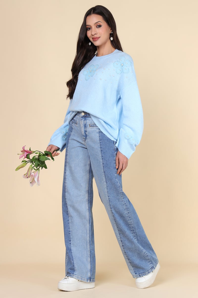 Light Blue Applique and Pearl-Detail Pullover Sweater